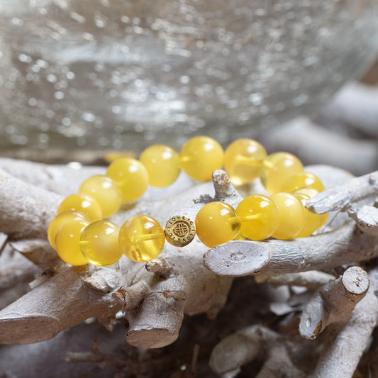 White and yellow amber bracelet with gold-plated silver I LOVE TC coin